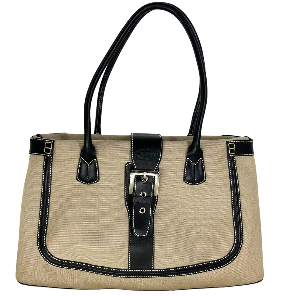 Tod’s Leather Trim Canvas Shoulder Bag Tote